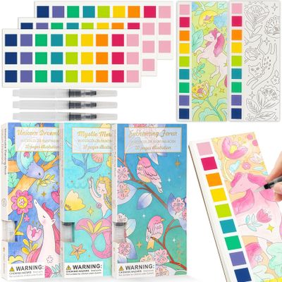 3pack Watercolor Painting Coloring Books, Paint with Water Arts & Crafts Kit for Kids, Pocket Watercolor Paint Bookmarks, Class Activities Art Supplies Party Favors Birthday Gift for Boys and Girls