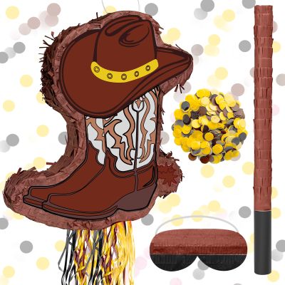 4 Pcs Cowboy Boot Pinata Set Include 15.7 x 11.8 inches Brown Western Piata with Stick Confetti and Mask Western Birthday Party Decorations for Photo Prop Candy Holder Party Supplies (Cowboy Boot)