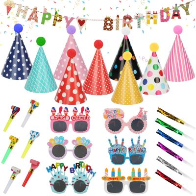 30 Pcs Party Cone Hats Birthday Glasses with Colorful Blowouts & Metallic Fringed Noise Makers Birthday Banner Party Paper Hats with Pom Poms & Elastic Cord for Kids Adults Baby Shower Party Supplies