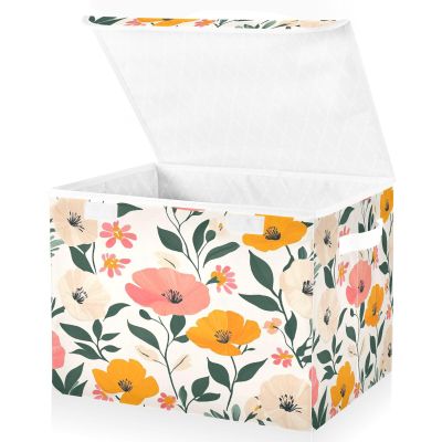Kigai Colorful Flowers Storage Bin with Lid and Handles Foldable Fabric Storage Boxes Stackable Closet Organizer Decorative Holiday Basket for Home Bedroom Office