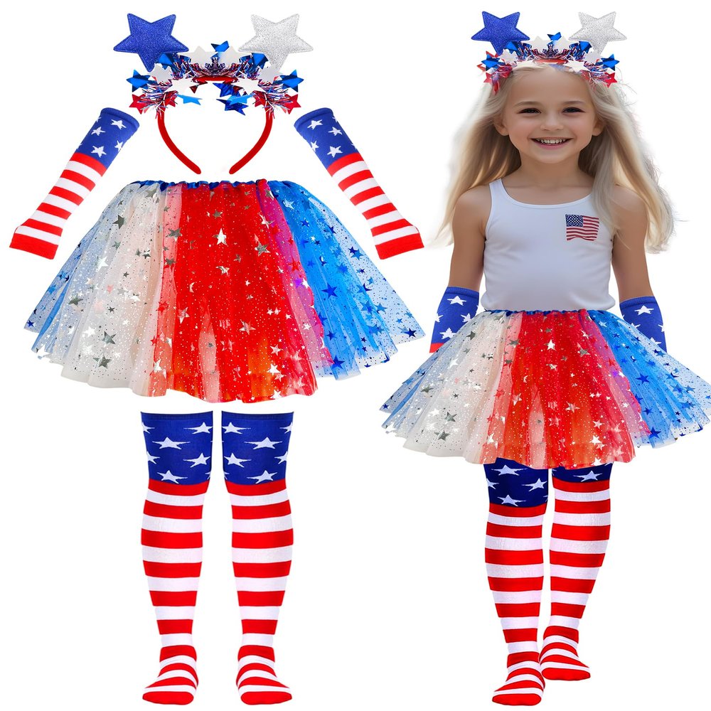4th of July Tutu Set for Girl 6 to 12 Years Red White and Blue Tutu Patriotic Costume Accessories Independence Day Costume Halloween Cosplay Party