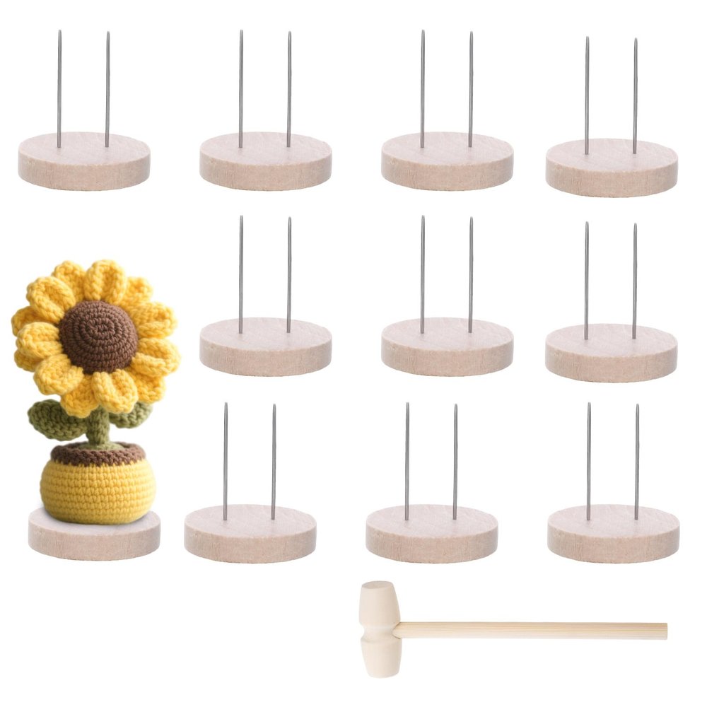 12 PCS Positive Crochet Doll Stands Wooden, Wooden Base Dual Needle Holder for Crochet Dolls Figurines Knitted Doll Display Stand for Positive Potato, Base Holder for Support Pickle Animal Toys