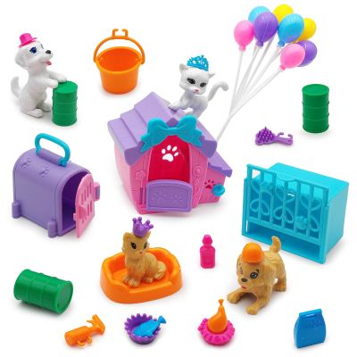 DSHMIXIA Dolls Accessories Playsets Dog Cat Figures with House Cage Pet Pretend Play Toys for Doll Toddlers 3-5 Age 5-7 Girls Kids Brithday Gifts