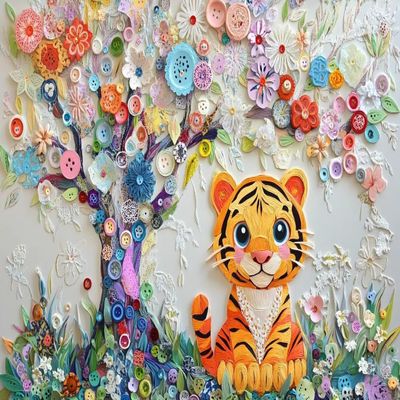 1000 Piece Adult Animal Jigsaw Puzzle, Modern Art Jigsaw Puzzle - Cartoon Cutout Button Tree and Tiger, for Family Fun and Puzzles
