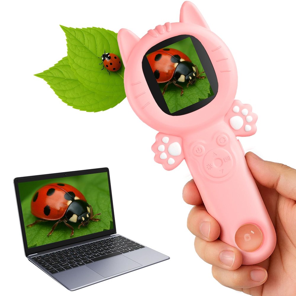 2-in-1 Microscope Camera for Kids, Mini Handheld Microscope Supporting Multiple Viewing Angles, Outdoor Educational Science Adventure Toys, Birthday Gifts for 3-10 Years Old Girls, Pink Cat