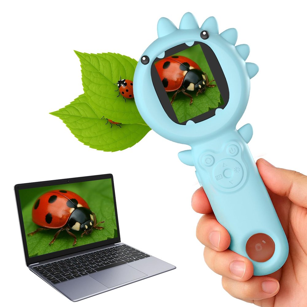 2-in-1 Microscope Camera for Kids, Mini Handheld Microscope Supporting Multiple Viewing Angles, Outdoor Educational Science Adventure Toys, Birthday Gifts for 3-10 Years Old Boys Girls, Blue Dinosaur