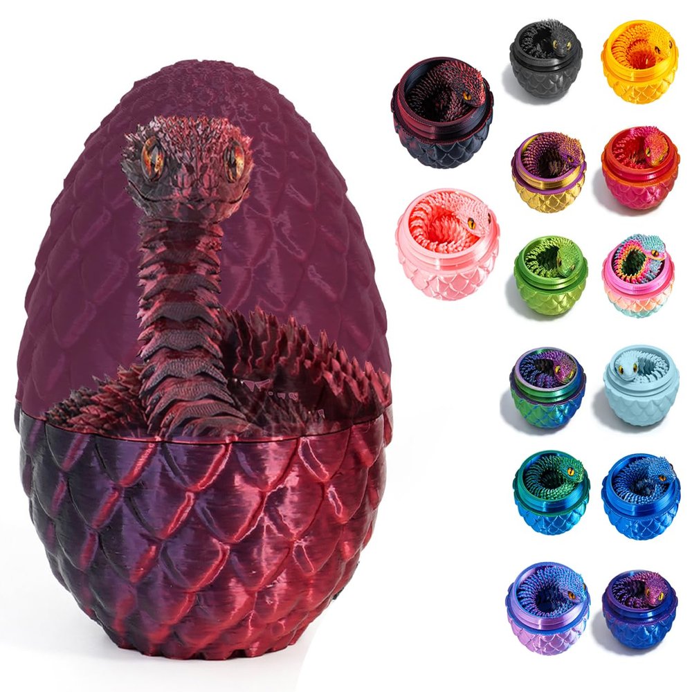 3D Printed Snake Egg Toys, Flexible 3D Printed Animal Toy, ADHD Fidget Snake, Unique Desk Pet for Collectors, Stress Relief & Home Decor&Easter (Black red Egg, 11.8')