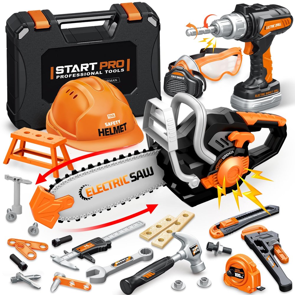 Kids Tool Set Toys, 48 Pcs Toddler Tool Set with Portable Tool Box, Electronic Toy Drill & Electric Chainsaw, Construction Tools Gifts for Boys Aged 3 4 5 6 7, Christmas Birthday Gifts for Toddlers