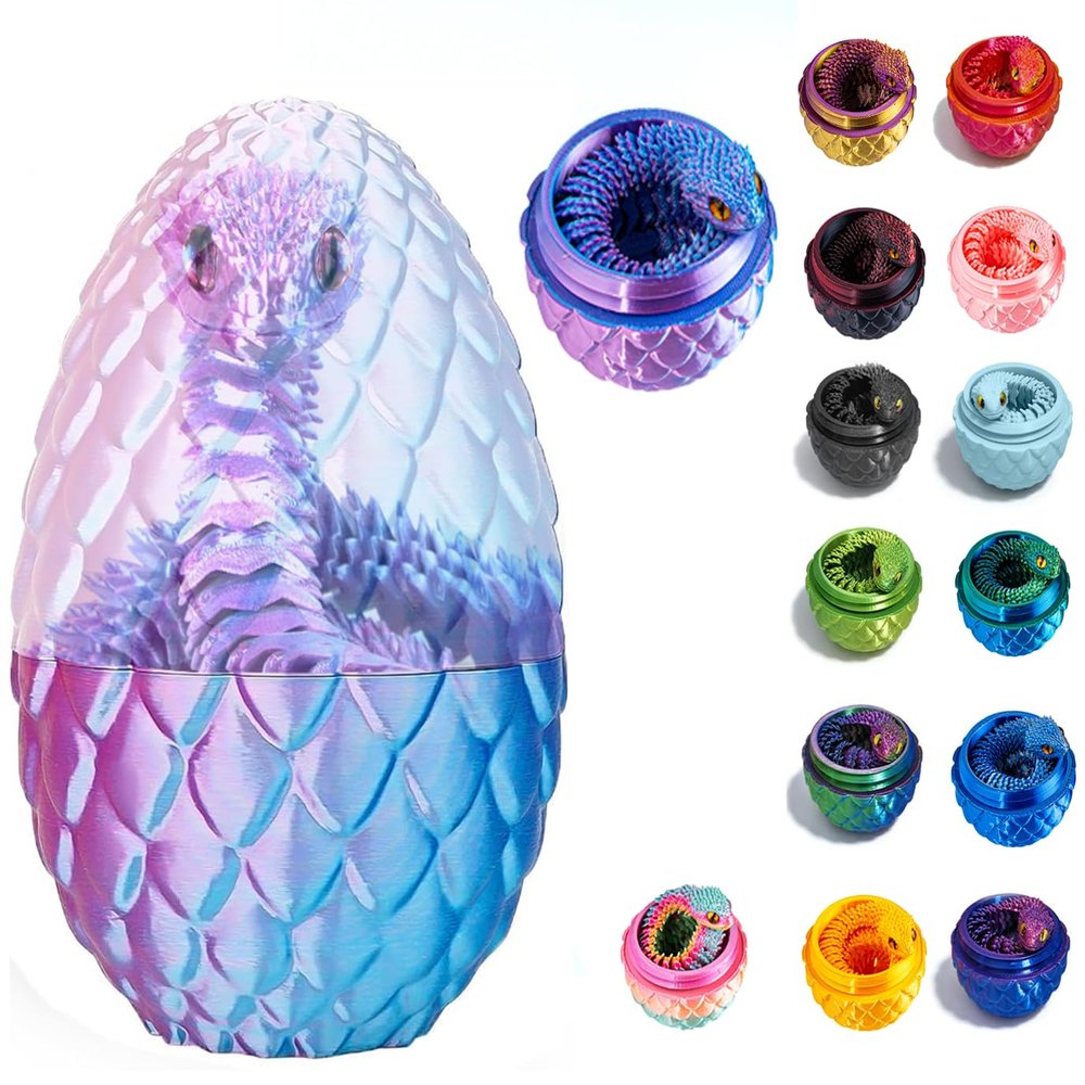 3D Printed Snake Toys, Flexible 3D Eco-Friendly Animal Toy, ADHD Fidget Snake, Unique Desk Pet for Collectors, Stress Relief & Home Decor (Blue-Pink Egg, 11.8')