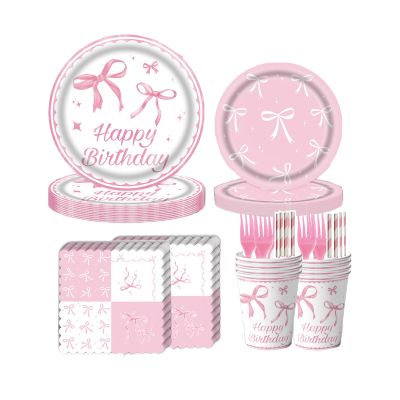 120Pcs Party Plates Pink Bow Plates Pink Party Decorations Bow Birthday Plates and Napkins cups straws Bow Decorations for Party Coquette Birthday Decorations