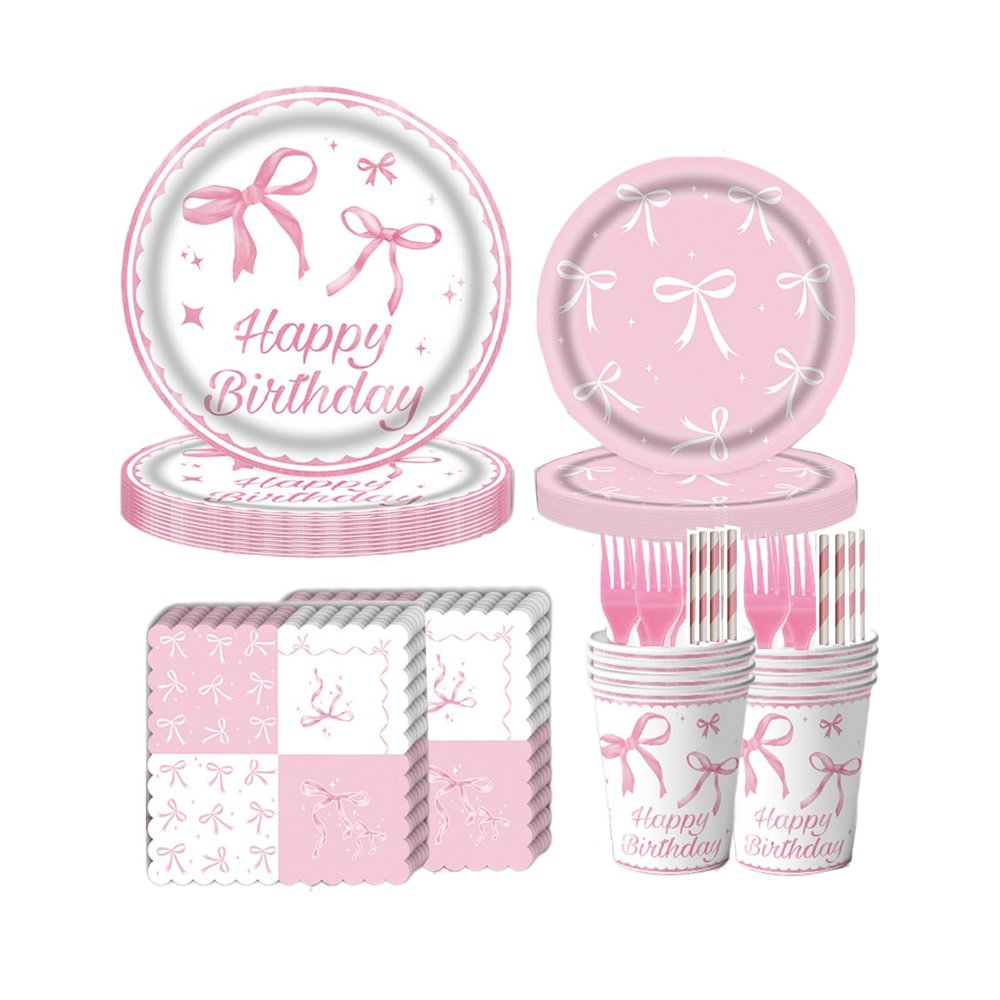 120Pcs Party Plates Pink Bow Plates Pink Party Decorations Bow Birthday Plates and Napkins cups straws Bow Decorations for Party Coquette Birthday Decorations