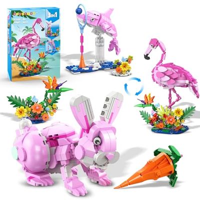 HOGOKIDS 3 in 1 Pink Flamingo Building Set with Flowers, Animal Figure with 3 Building Options - Flamingo, Bunny, or Dolphin, 558PCS Creative Easter Birthday Gift, Learning Toy for Kid Girl Boy Age 6+