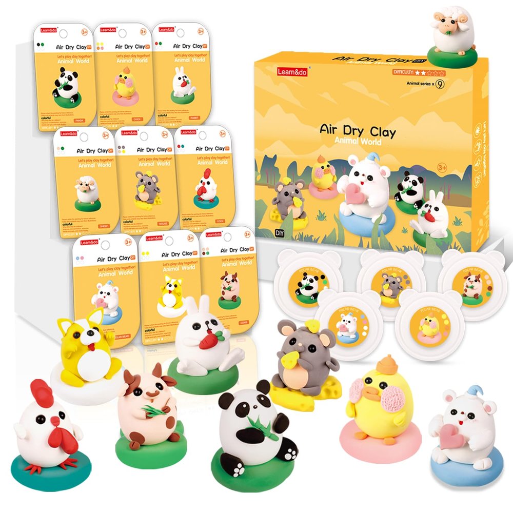 Air Dry Clay for Kids, Animal Modeling Clay Kit, 9 Animal Designs with Tutorials, Ultra Light & Soft, Arts & Crafts DIY Creative Toys, Gifts for Age 3-12 Girls & Boys