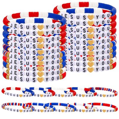 Landical 30 Pcs Jesus Loves You Bracelets Bulk Friendship Bracelets Clay Bead Christian Wristbands for Kids Religious Jesus Loves You Wristband First Communion Sunday Confirmation VBS(Red Blue White)