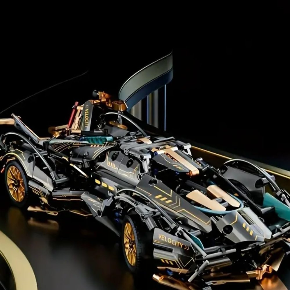 3D Racing Car Model Building Kit, 14.17 x 6.49 inches, Black and Gold Design