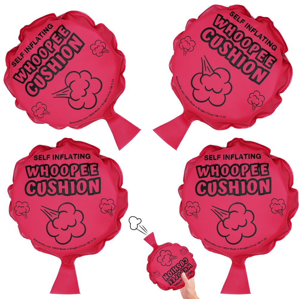 4E's Novelty 4-Pack Large Self-Inflating Whoopee Cushions, 7-Inch Whoopie Cushion Uses for Prank Cushion Toys for Kids & Adults, Durable Pink Whoopee Cushion Toy, Whoopie Pillows for Kids Fun