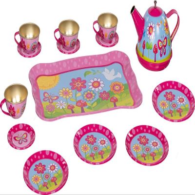 Teeservice aus Blech Funky Flowers: Tablett: 23.5 x 15.5 x 1 cm, Blech, 14 Teile, per Set