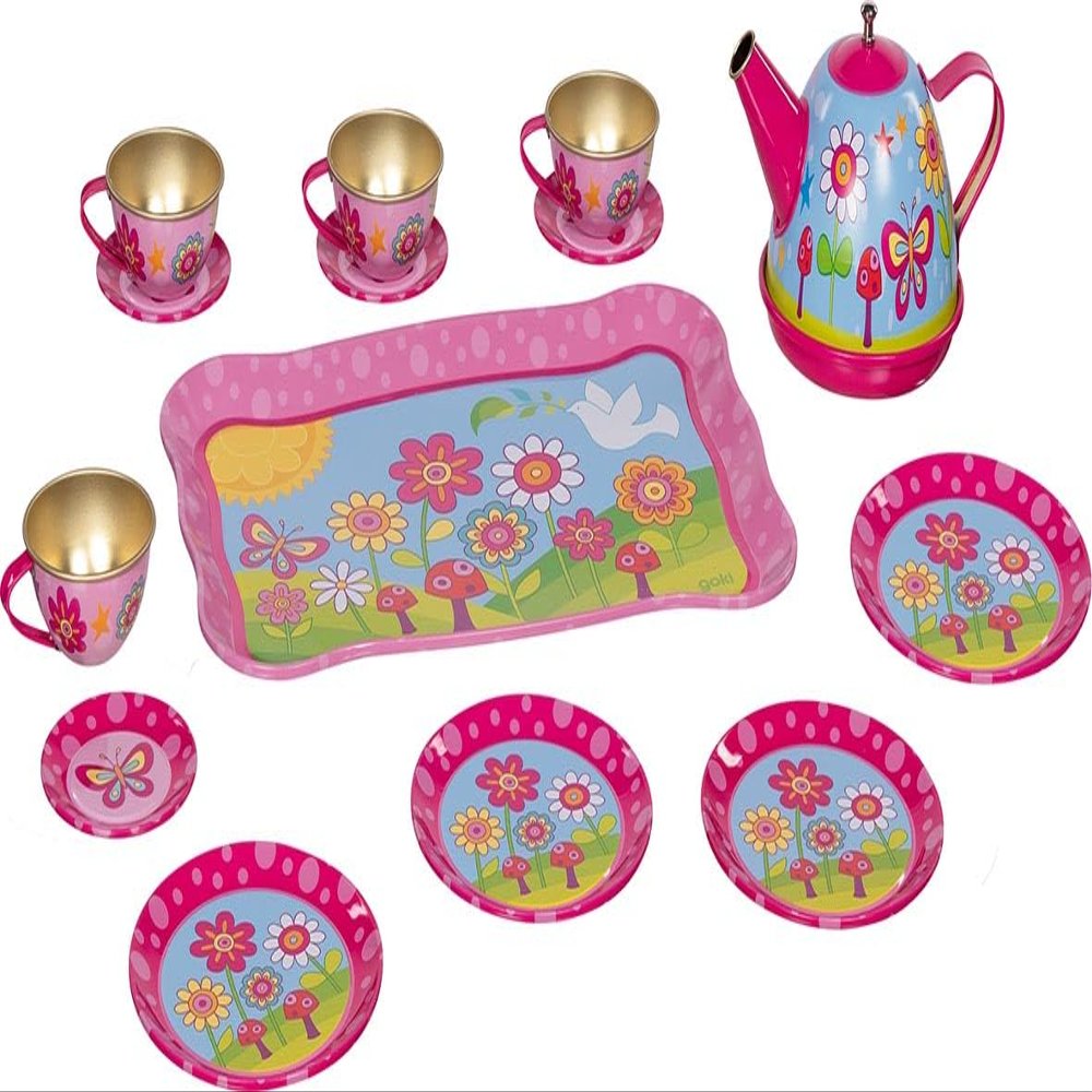 Teeservice aus Blech Funky Flowers: Tablett: 23.5 x 15.5 x 1 cm, Blech, 14 Teile, per Set