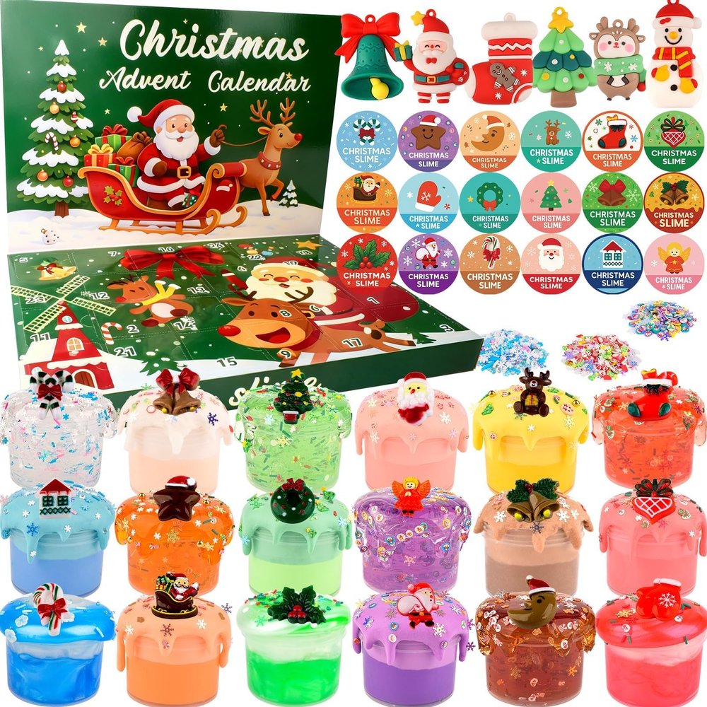 Christmas Slime Kit - Slime Party Favors for Kids, Xmas Stickers & Charms, Christmas Stocking Stuffers for Kids, Super Soft, Non-Sticky, DIY Surprise Slime for Girls & Boys