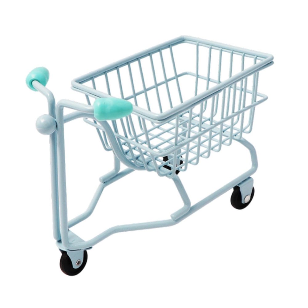 DimyFew Mini Shopping Cart Desktop Organizer Multiuse Photography Prop Office Organiser Children Push Cart Toy Mini Storage Basket, Blue