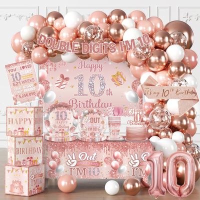 10th Birthday Decorations for Girl, Double Digits Birthday Girl 10 Years Old Double Digits I'm 10 Banner Balloons Garland Arch Backdrop Sash Plates and Napkins Set Ten Birthday Party Supplies