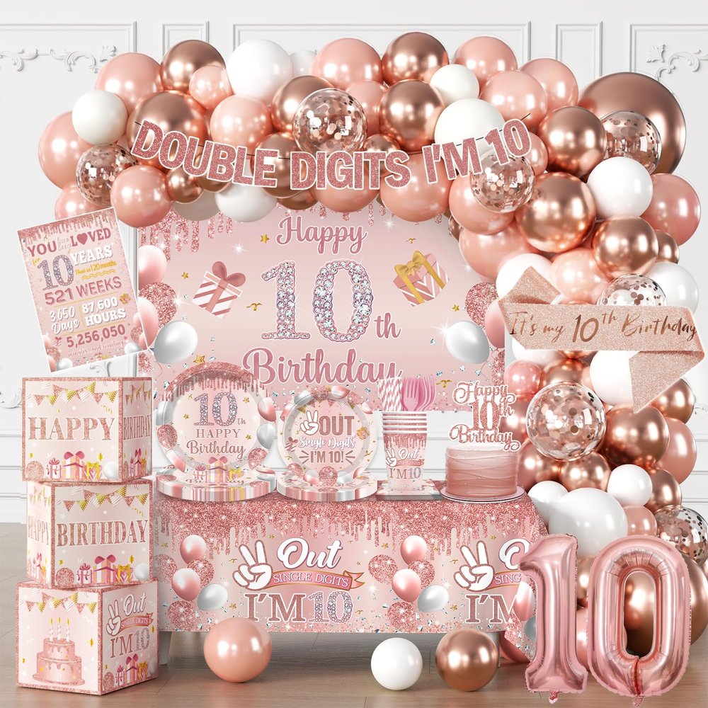 10th Birthday Decorations for Girl, Double Digits Birthday Girl 10 Years Old Double Digits I'm 10 Banner Balloons Garland Arch Backdrop Sash Plates and Napkins Set Ten Birthday Party Supplies