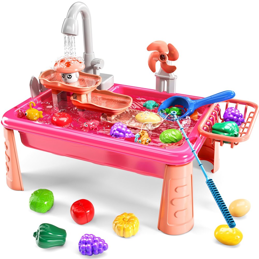 NIPLOOOW Kitchen Sink Toys Toddlers 3-5, Play Sink with with Electric Water Pump, Water Table for Kids Ages 4-8, Fishing Game Outdoor Toys Pretend Role Play Toys for Boys Girls 3 4 5 6 7 8