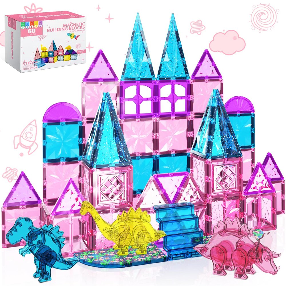 60PCS Dinosaur Toys Magnetic Tiles for Girls, Magnet Building Blocks Sensory Toy for Girls Boys Ages 3-5 4-8, STEM Learning Construction Toddler Girl Toys Birthday Gift for 3+ Years Old Kids Toy