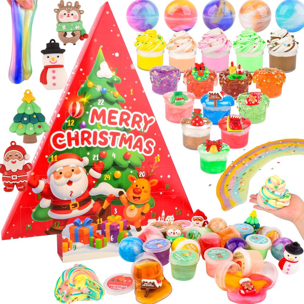Christmas Slime Kit -Slime Party Favors for Kids, Xmas Stickers & Charms, Christmas Stocking Stuffers for Kids, Super Soft, Non-Sticky, DIY Surprise Slime for Girls & Boys