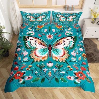 jejeloiu Butterfly Bedding Set Toddler Size Kids Butterflies Floral Print Blue Comforter Cover(No Comforter) for Boys Girls Teens Vinatge Botanical Flowers Duvet Cover Soft Blossom Red Room Decor