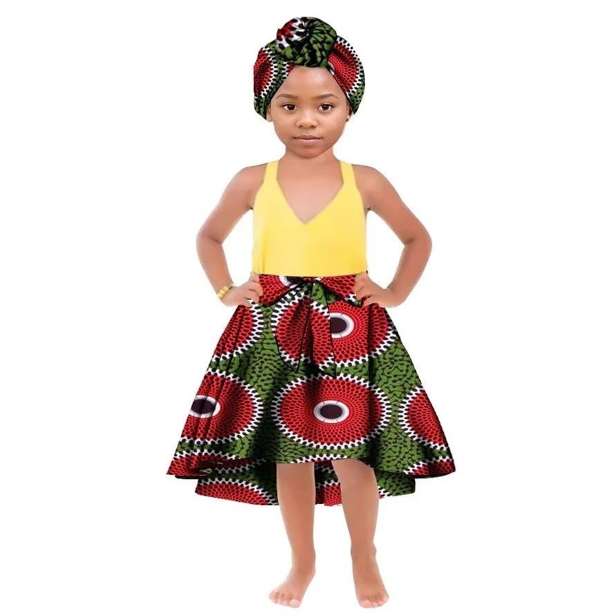 iooiooi African Girl's Traditional Costume Flower Print Casual Dashiki Skirt Matching Headscarf