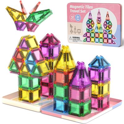 WMXDU Mini Magnetic Tiles with Iron Box, 42PCS Travel Size Magnet Building Blocks Toy Set, Protable Construction Block Toys Educational Learning Sensory Toys for 3+ Year Old Boys Girls Birthday Gift