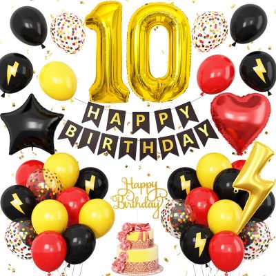 10th Birthday Decorations Red Black Yellow,10th Cartoon Birthday Balloon for Kids Printed Number 10 Balloons Banner Cake Topper Boy Girls Birthday Party Decor