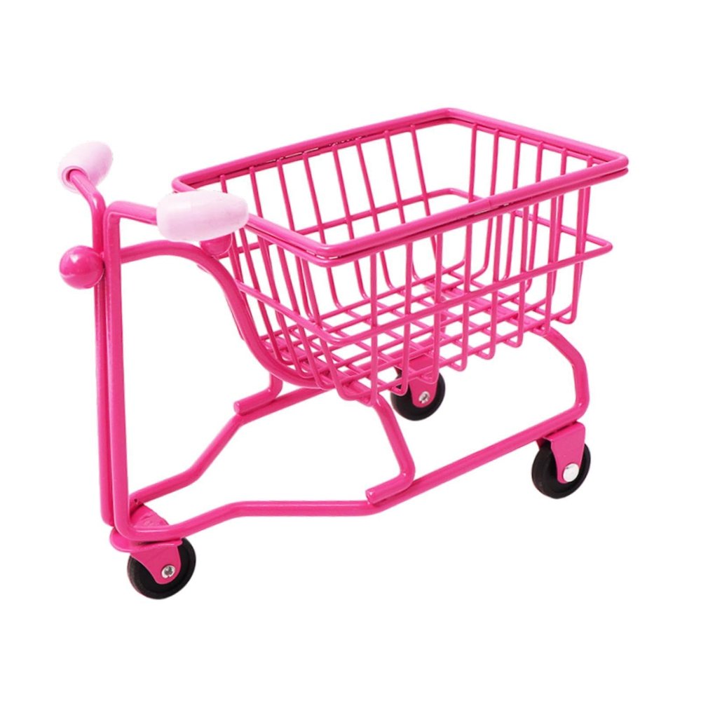 DimyFew Mini Shopping Cart Desktop Organizer Multiuse Photography Prop Office Organiser Children Push Cart Toy Mini Storage Basket, Rose Red