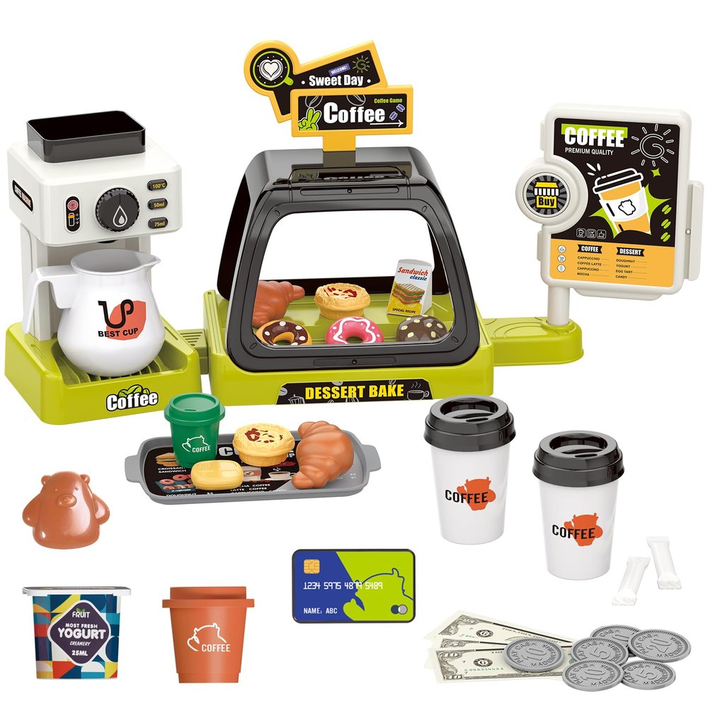 Lonfypeng Kids Coffee Maker Play Set: Coffee, Cash Register, Play Food (Coffee, Donuts, Cookies, Egg Tarts, Croissants), Play Money - Educational Toy Kitchen Ages 3+