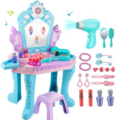 Toddler Vanity Table and Chair, Girls Magic Makeup Set with Mirror and Lights & Music, Frozen Toys for 2 3 4 5 Year Old Girls Kids Pretend Play Vanity Set Princess Dress Up Playset Gifts Ages 2-4 3-5