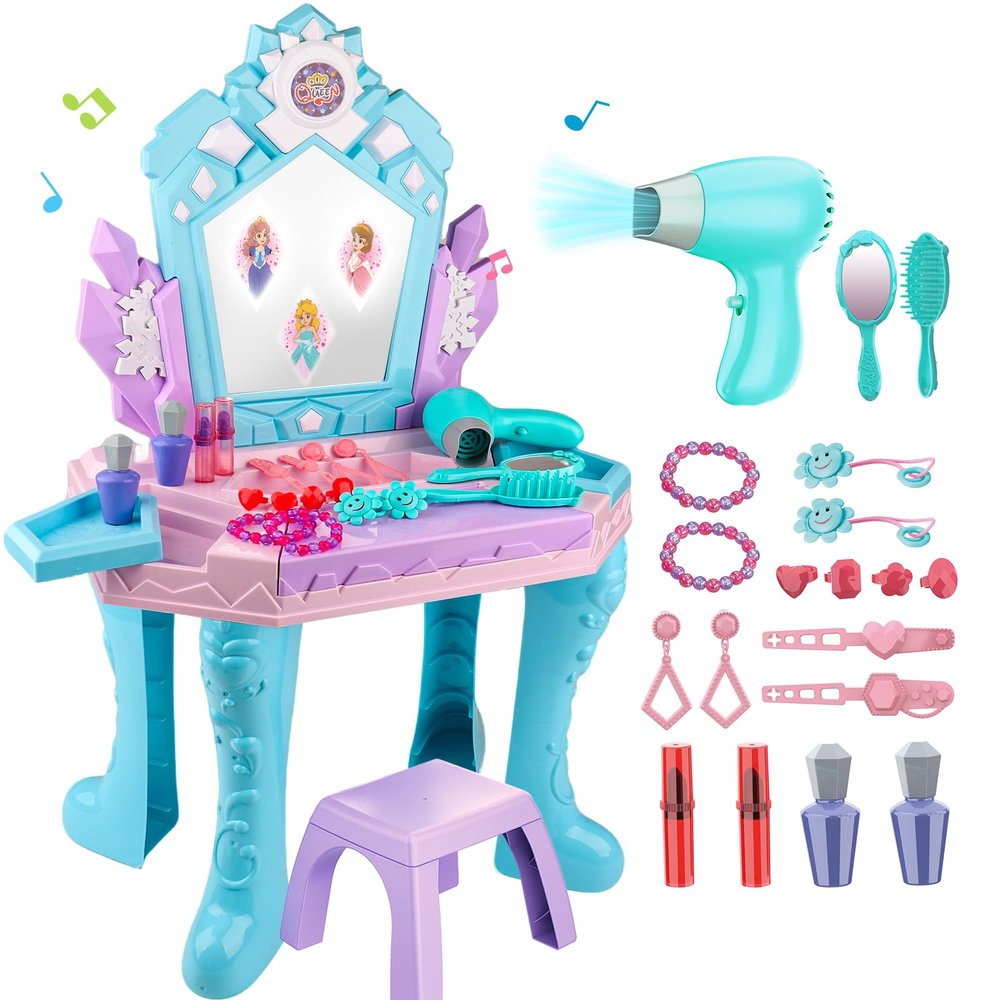 Toddler Vanity Table and Chair, Girls Magic Makeup Set with Mirror and Lights & Music, Frozen Toys for 2 3 4 5 Year Old Girls Kids Pretend Play Vanity Set Princess Dress Up Playset Gifts Ages 2-4 3-5