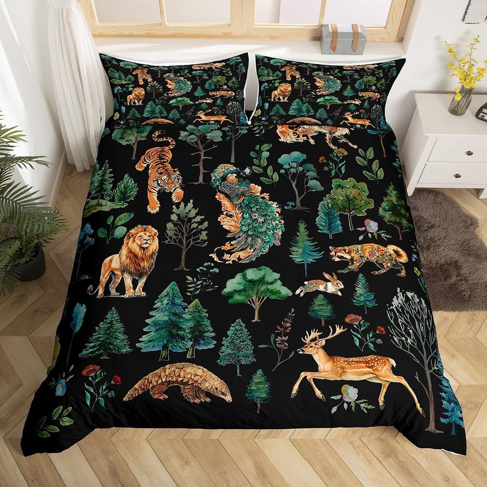 jejeloiu Jungle Duvet Cover Toddler Size Lion Tiger Deer Bedding Set for Kids Vinatge Botanical Tree Comforter Cover(No Comforter) Wild Animals Green Black Zipper Closure All Season Lightweight