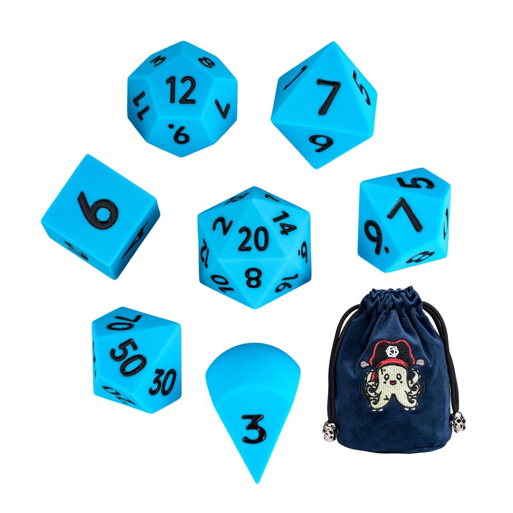IUSTIDIE 7-Piece Jumbo Silicone DND Dice Set, 25mm Oversized Dice D&D Dice, Round Edges Soft Perfect Bouncer for D&D RPG Bar Pub Club Party Games(Blue w/Black Numbers)