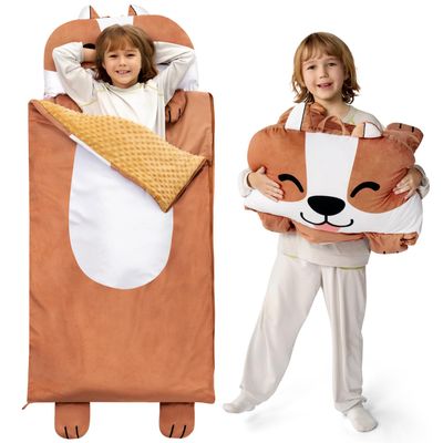JOIEDOMI Kids Sleeping Bag Toddler Nap Mat with Pillow & Blanket 60" x 27" for Kids Ages 3+ Soft Plush Sleeping Mat Brown Dog for Preschool and Boys Girls Kindergarten Daycare Sleepover