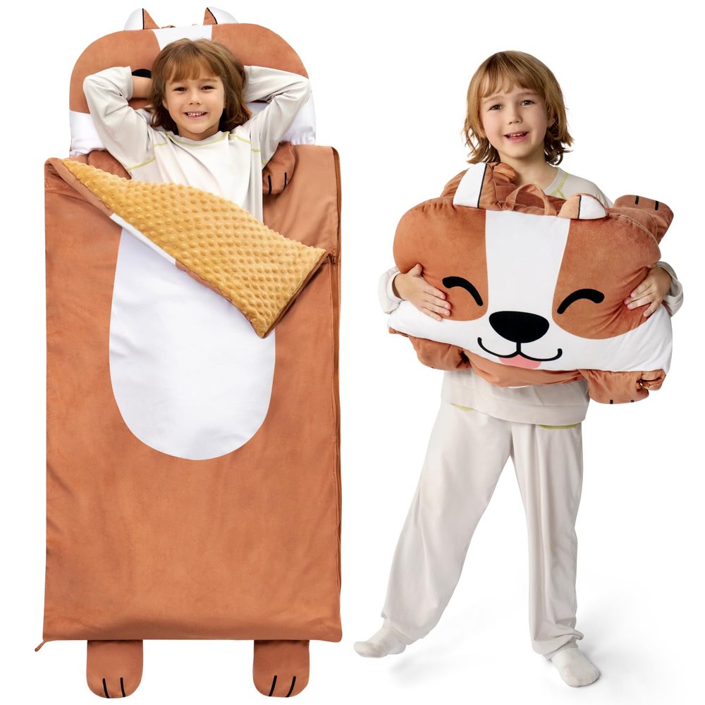 JOIEDOMI Kids Sleeping Bag Toddler Nap Mat with Pillow & Blanket 60" x 27" for Kids Ages 3+ Soft Plush Sleeping Mat Brown Dog for Preschool and Boys Girls Kindergarten Daycare Sleepover