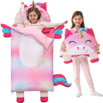 JOIEDOMI Kids Sleeping Bag Toddler Nap Mat with Pillow & Blanket 60" x 27" for Kids Ages 3+ Soft Plush Sleeping Mat Colored Unicorn for Preschool and Boys Girls Kindergarten Daycare Sleepover
