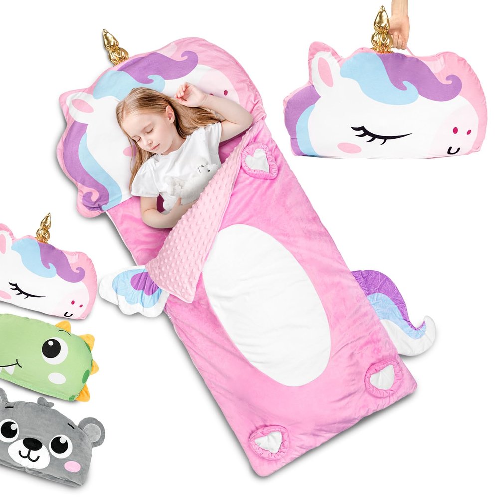 Primlect Kids Sleeping Bag with Pillow, Plush Animal Toddler Nap Mat for Preschool, Sleepovers, and Travel, Perfect for Boys and Girls, Pink
