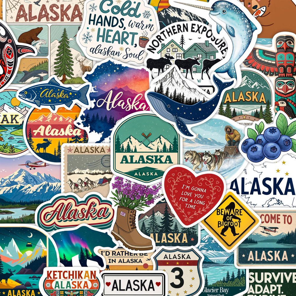 100Pcs Alaska Stickers and Decals for Water Bottle, Laptop - Alaska Party Supplies & Dacorations - Gift for Women & Men