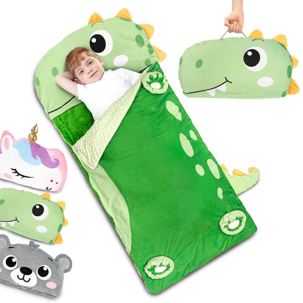 Primlect Kids Sleeping Bag with Pillow, Plush Animal Toddler Nap Mat for Preschool, Sleepovers, and Travel, Perfect for Boys and Girls, Dinosaur