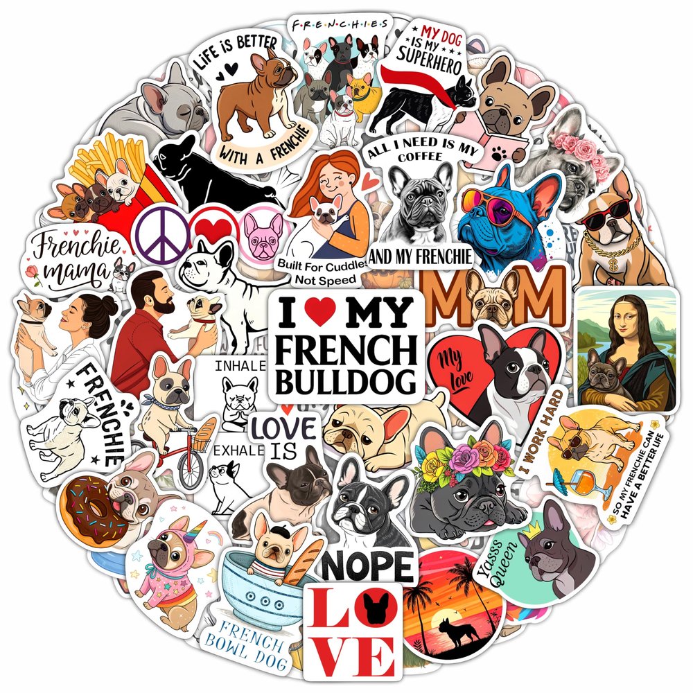 100Pcs French Bulldog Stickers for Water Bottle, Laptop - French Bulldog Gifts, Party Supplies & Decorations - Bull Dog Stickers, Decals - Gift for Women & Men