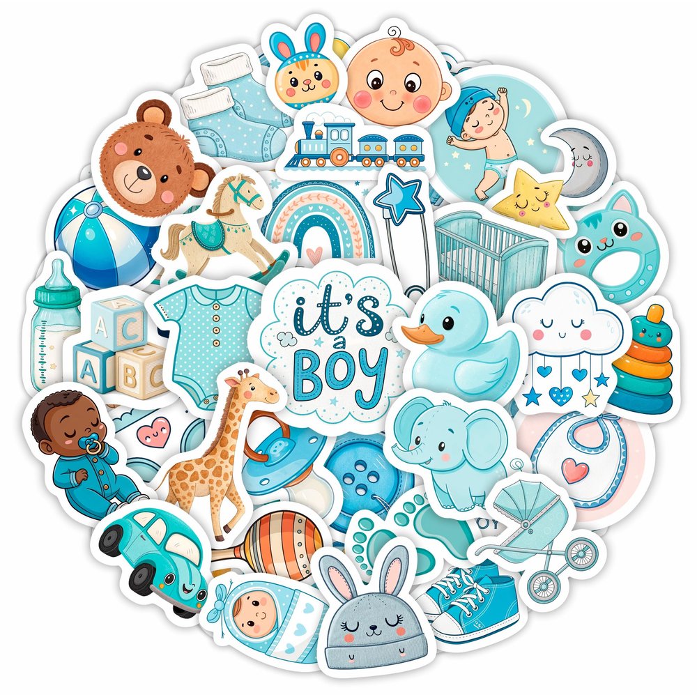 100Pcs Baby Boy Stickers for Shower Favors, Scrapbooking - Newborn Stickers - Baby Boy Shower Party Supplies & Decoration