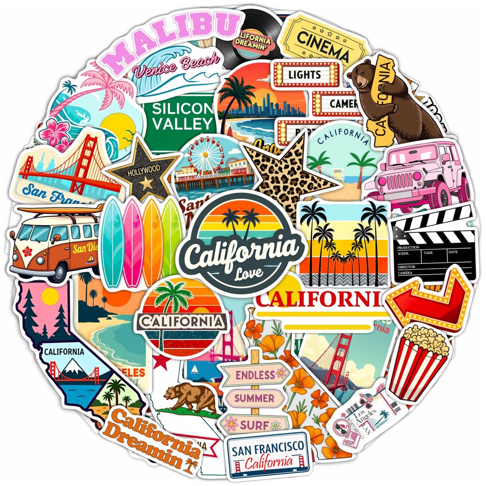 100Pcs California Stickers for Water Bottle, Laptops, Beach Stickers, Decals - California Gifts & Party Decor & Favors - Gift for Women & Men