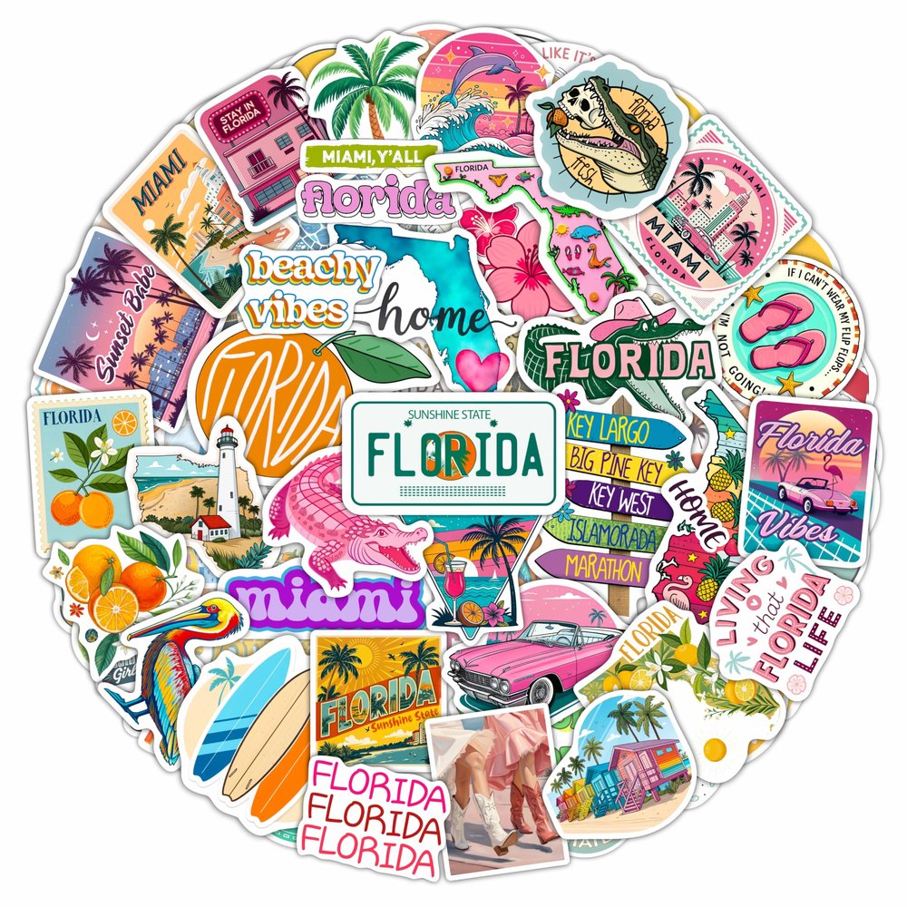 100Pcs Florida Stickers and Decals for Luggage, Waterproof - Florida State Party Supplies & Decorations, Gifts - FL State Stickers for Water Bottle - Gift for Women & Men
