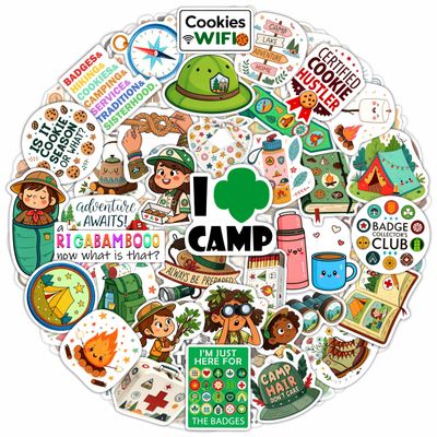100Pcs Camping Girl Stickers for Water Bottle, Laptop - Cookie Dealer Stickers - Camping Party Supplies & Gifts for Girl - Outdor Adventure Decals - Gift for Women & Men